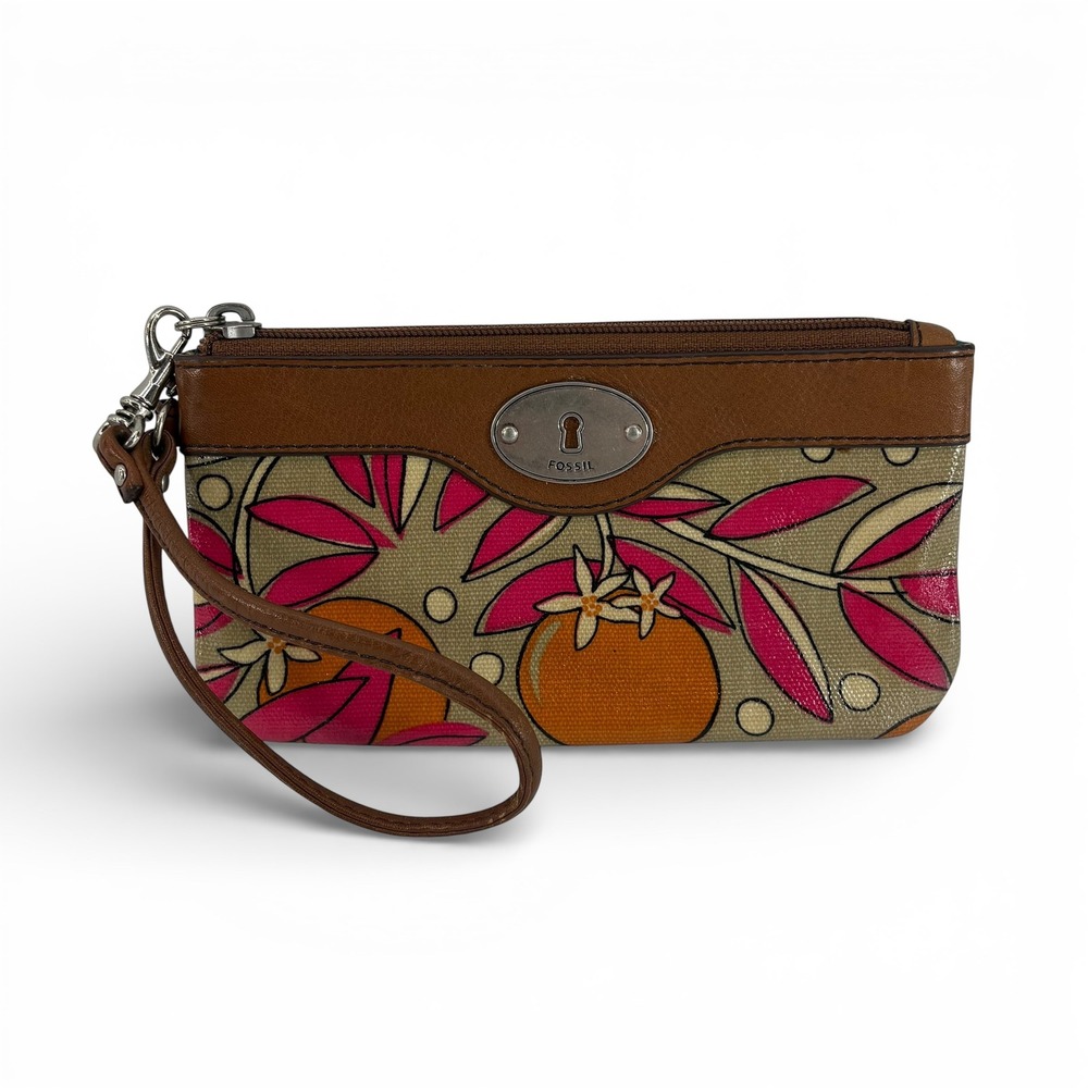 Fossil Wristlet‎ Clutch Bag Orange Pink Floral Fruit Canvas Brown Trim